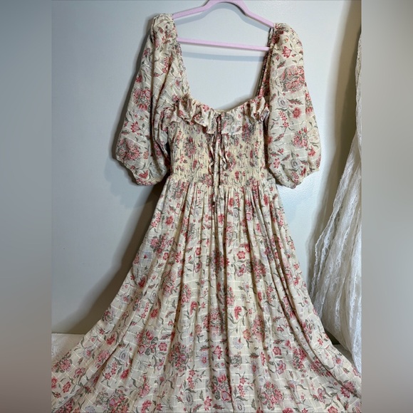 Free People Printed Oasis Shirred Smocked Square Neck Midi Dress - Picture 5 of 7